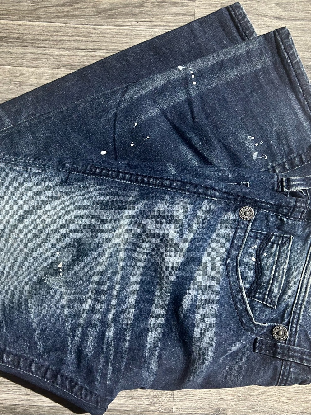 Made by TRUE RELIGION Men's Dark Blue Washed Jeans with Paint Detail